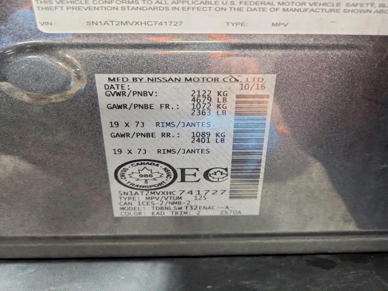 67619586 :رقم المزاد ، 5N1AT2MVXHC741727 vin ، 2017 Nissan Rogue مزاد بيع