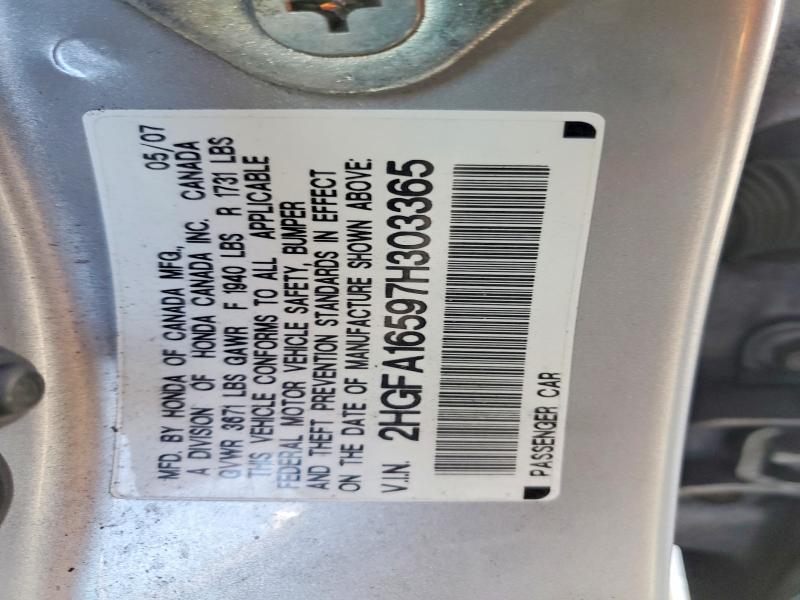 70100666 :رقم المزاد ، 2HGFA16597H303365 vin ، 2007 Honda Civic مزاد بيع