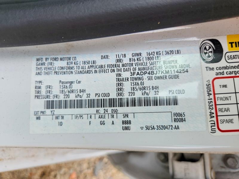 69870446 :رقم المزاد ، 3FADP4BJ7KM114254 vin ، 2019 Ford Fiesta مزاد بيع