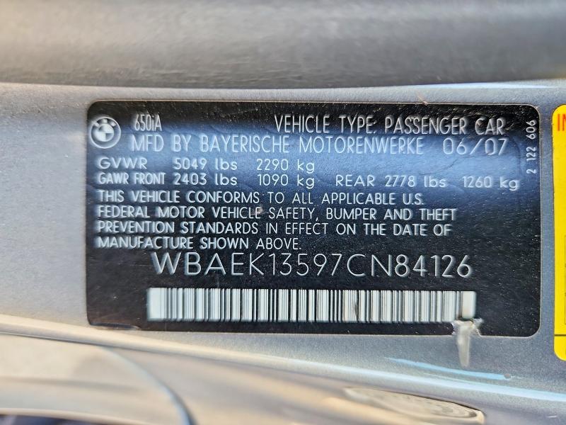 Продажа на аукционе авто 2007 Bmw 650, vin: WBAEK13597CN84126, номер лота: 67307476