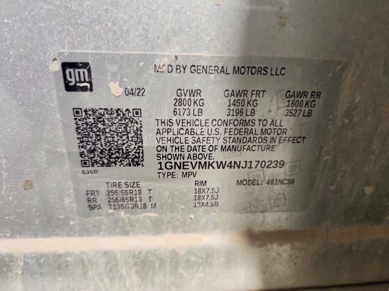 69790216 :رقم المزاد ، 1GNEVMKW4NJ170239 vin ، 2022 Chevrolet Traverse مزاد بيع