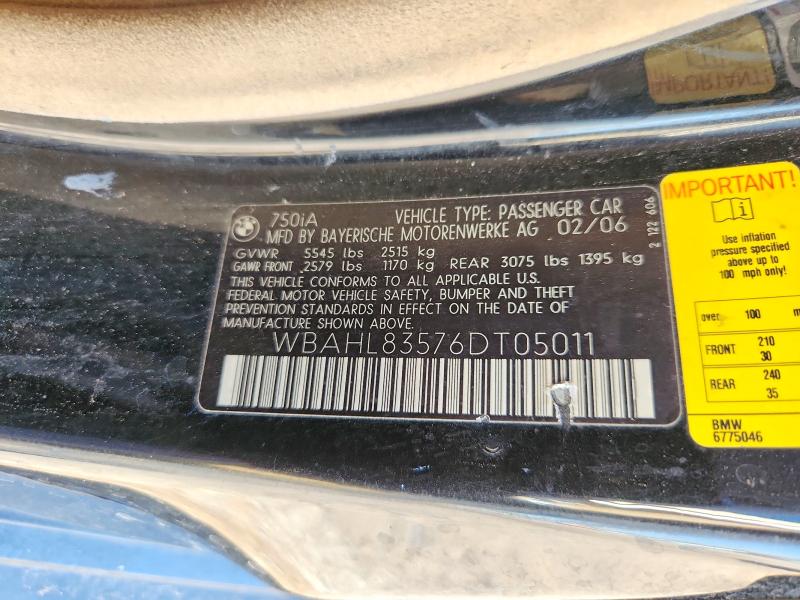 67372486 :رقم المزاد ، WBAHL83576DT05011 vin ، 2006 Bmw 750 مزاد بيع