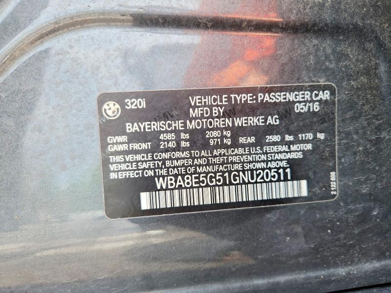 70012566 :رقم المزاد ، WBA8E5G51GNU20511 vin ، 2016 Bmw 320 مزاد بيع