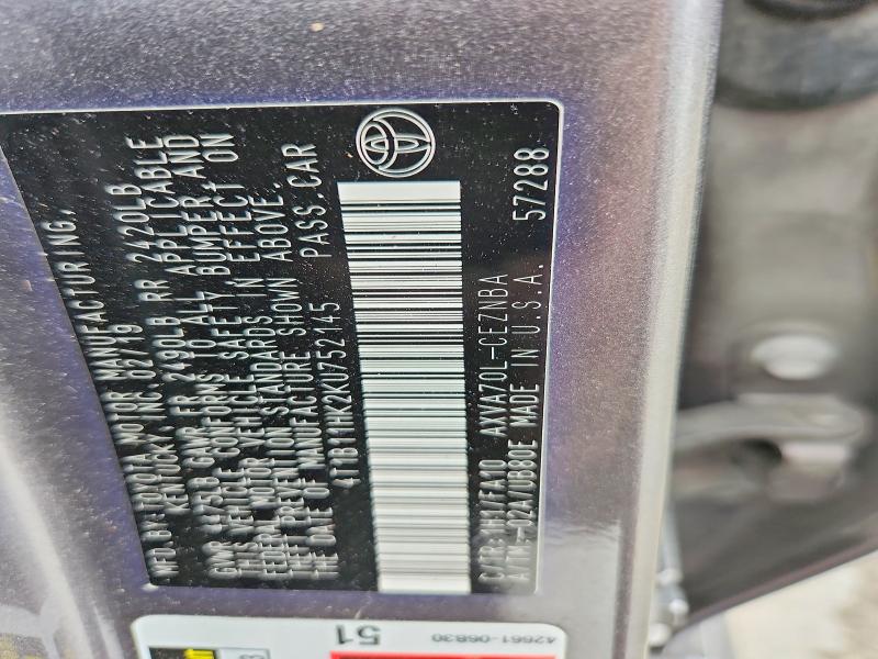 2019 Toyota Camry მანქანა იყიდება აუქციონზე, vin: 4T1B11HK2KU752145, აუქციონის ნომერი: 67707306