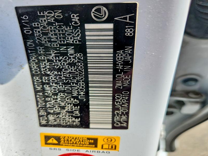 Aukcja sprzedaży 2016 Lexus Ct, vin: JTHKD5BH3G2268728, numer aukcji: 68889656