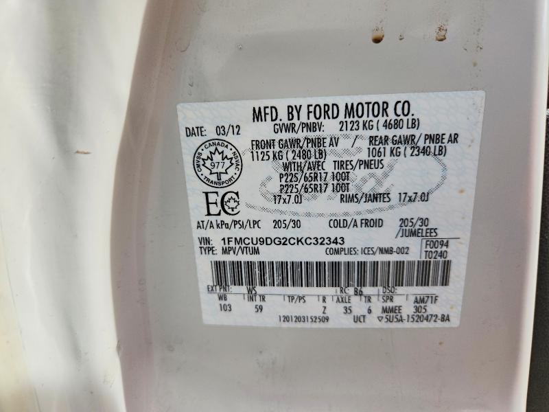 2012 Ford Escape მანქანა იყიდება აუქციონზე, vin: 1FMCU9DG2CKC32343, აუქციონის ნომერი: 67801136