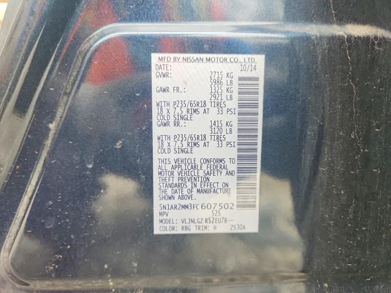 67280396 :رقم المزاد ، 5N1AR2MM3FC607502 vin ، 2015 Nissan Pathfinder مزاد بيع
