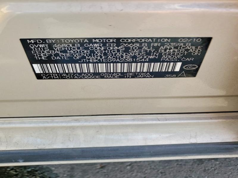 68698186 :رقم المزاد ، JTHBK1EG9A2381544 vin ، 2010 Lexus Es مزاد بيع