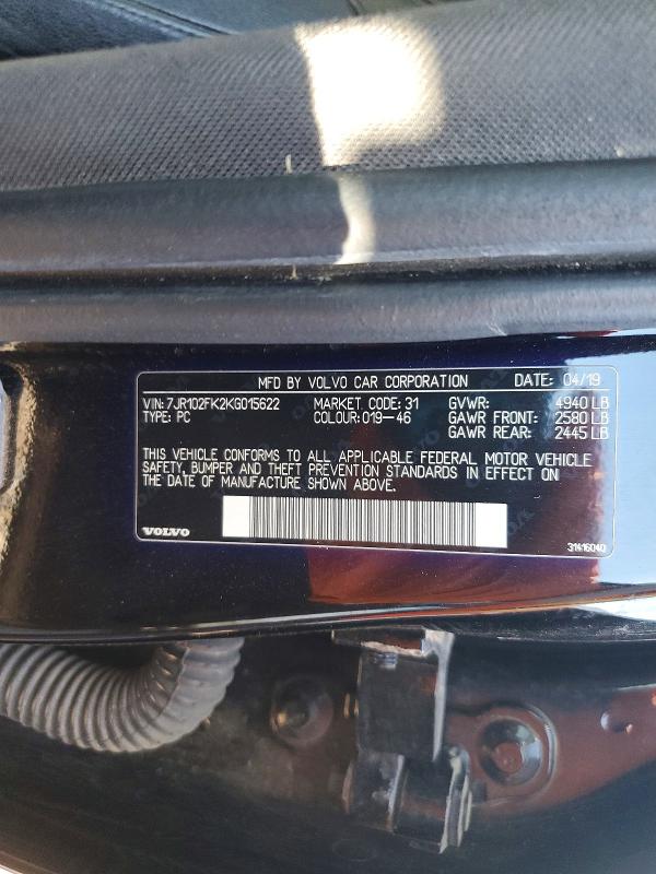 67756026 :رقم المزاد ، 7JR102FK2KG015622 vin ، 2019 Volvo S60 مزاد بيع