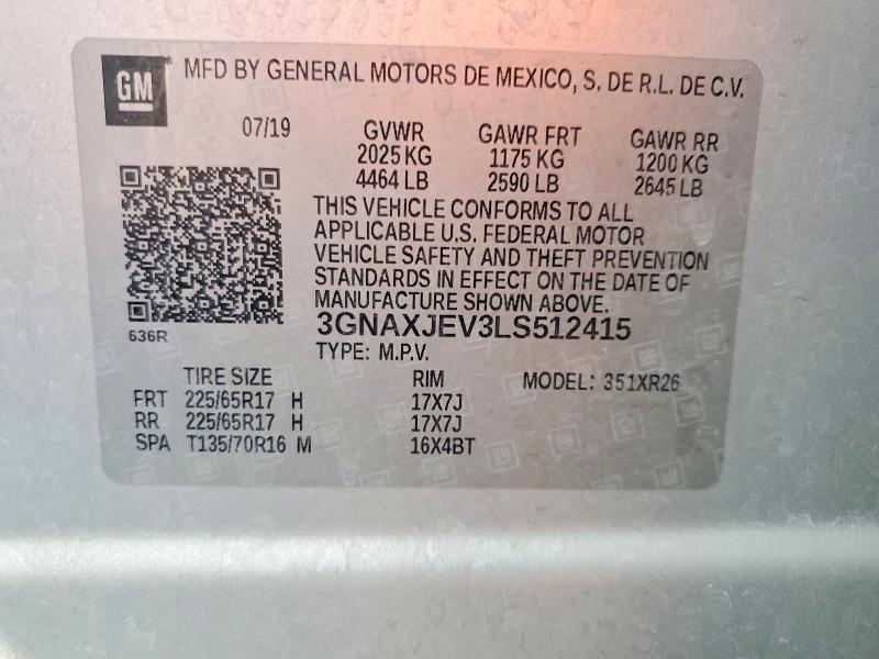 68700376 :رقم المزاد ، 3GNAXJEV3LS512415 vin ، 2020 Chevrolet Equinox مزاد بيع