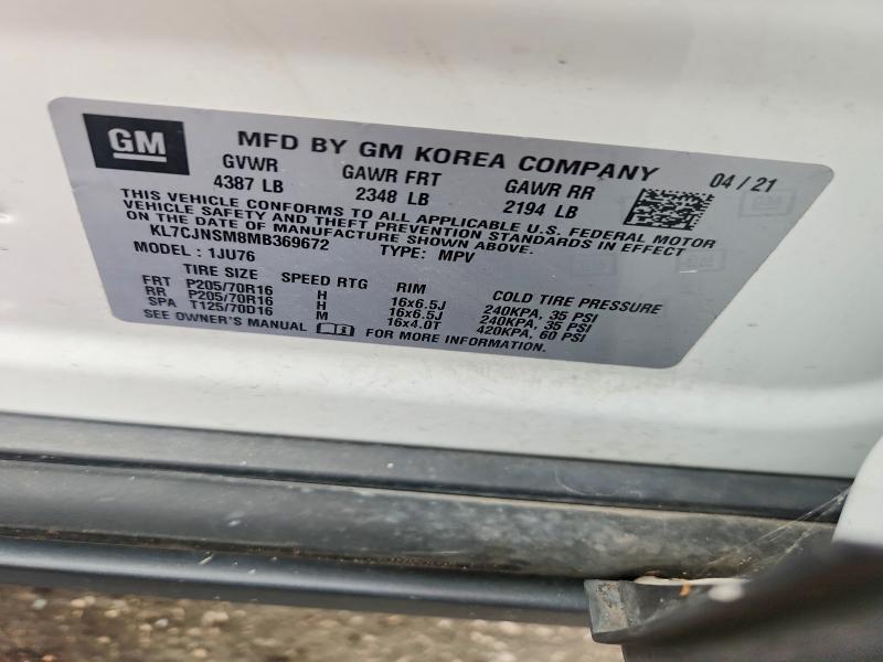 2021 Chevrolet Trax მანქანა იყიდება აუქციონზე, vin: KL7CJNSM8MB369672, აუქციონის ნომერი: 70409886