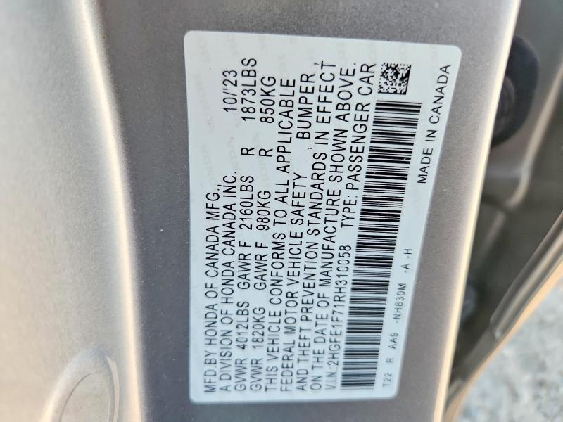 2024 Honda Civic მანქანა იყიდება აუქციონზე, vin: 2HGFE1F71RH310058, აუქციონის ნომერი: 68684566