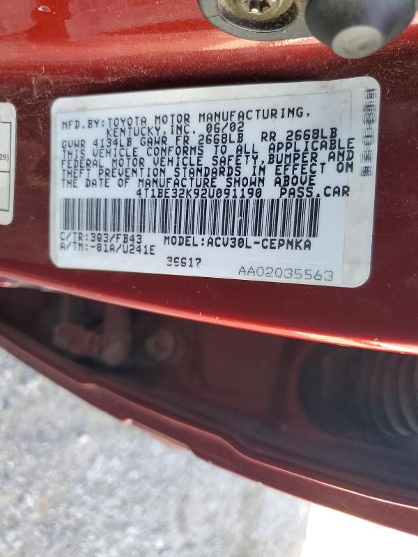 68592046 :رقم المزاد ، 4T1BE32K92U091190 vin ، 2002 Toyota Camry مزاد بيع