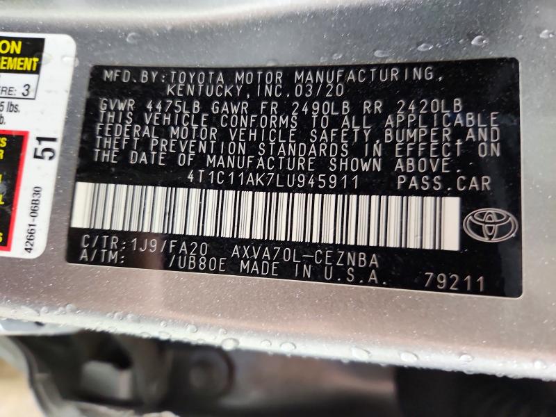 70108066 :رقم المزاد ، 4T1C11AK7LU945911 vin ، 2020 Toyota Camry مزاد بيع