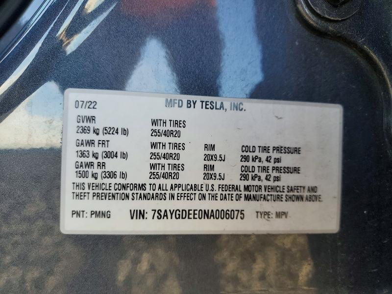 Auction sale of the 2022 Tesla Model Y, vin: 7SAYGDEE0NA006075, lot number: 69457896