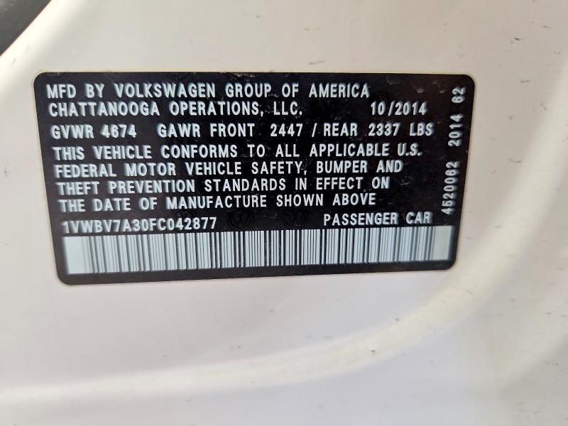 68349156 :رقم المزاد ، 1VWBV7A30FC042877 vin ، 2015 Volkswagen Passat مزاد بيع