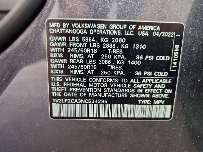 Aukcja sprzedaży 2022 Volkswagen Atlas, vin: 1V2LP2CA3NC534235, numer aukcji: 67865446