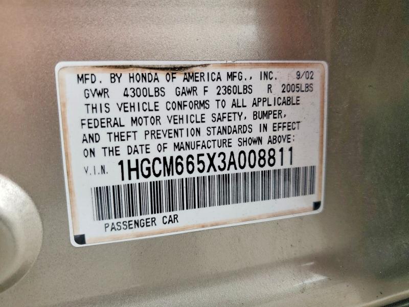 Продажа на аукционе авто 2003 Honda Accord, vin: 1HGCM665X3A008811, номер лота: 69765246
