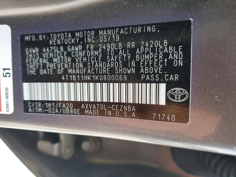 Aukcja sprzedaży 2019 Toyota Camry, vin: 4T1B11HK1KU800069, numer aukcji: 65930206