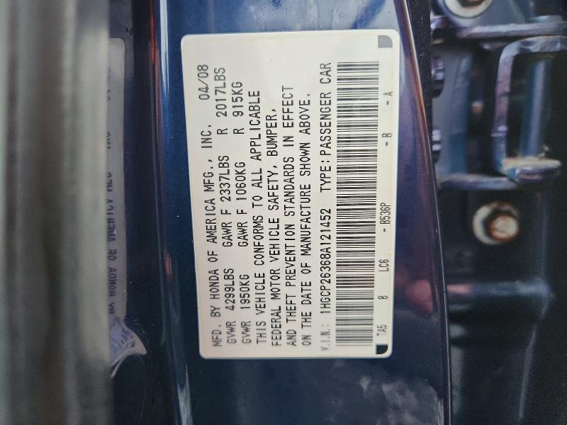 67172636 :رقم المزاد ، 1HGCP26368A121452 vin ، 2008 Honda Accord مزاد بيع