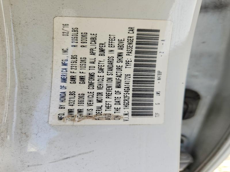 68290846 :رقم المزاد ، 1HGCR2F54GA141726 vin ، 2016 Honda Accord مزاد بيع