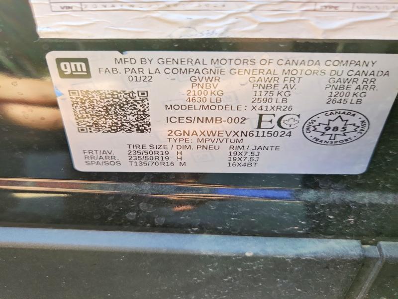 Aukcja sprzedaży 2022 Chevrolet Equinox, vin: 2GNAXWEVXN6115024, numer aukcji: 70152516