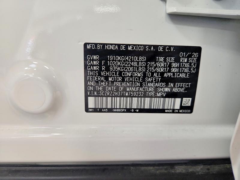 Продажа на аукционе авто 2026 Honda Hr-v, vin: 3CZRZ2H37TM759232, номер лота: 67146256