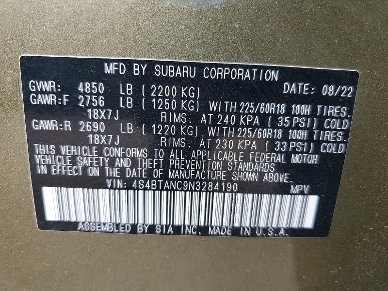 Продажа на аукционе авто 2022 Subaru Outback, vin: 4S4BTANC9N3284190, номер лота: 69358936