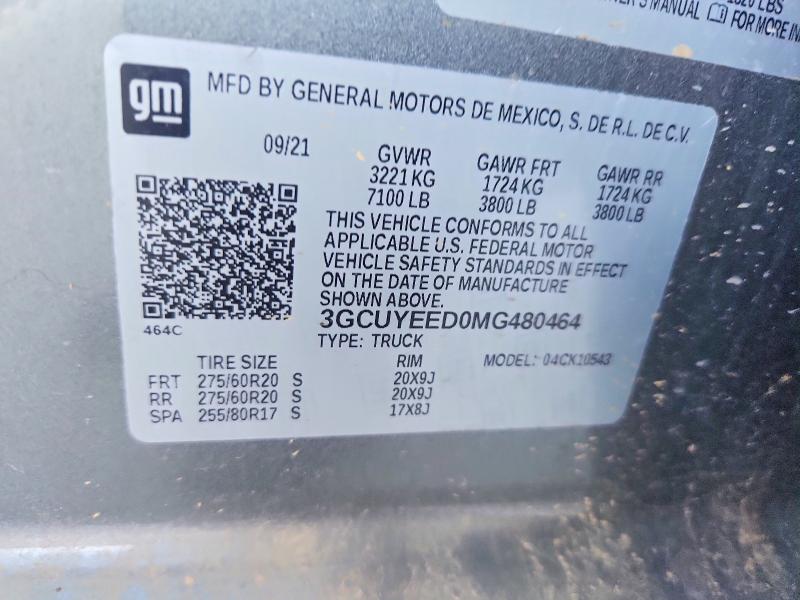 Aukcja sprzedaży 2021 Chevrolet Silverado, vin: 3GCUYEED0MG480464, numer aukcji: 68216246