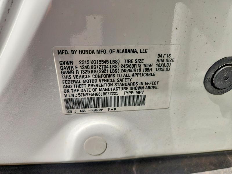 Продаж на аукціоні авто 2018 Honda Pilot, vin: 5FNYF5H68JB022225, номер лоту: 68884426