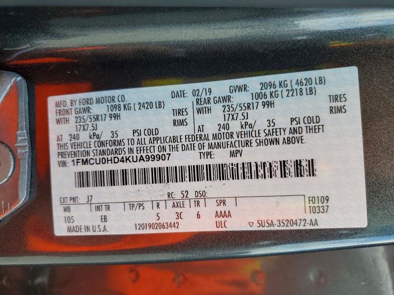Aukcja sprzedaży 2019 Ford Escape, vin: 1FMCU0HD4KUA99907, numer aukcji: 68797886