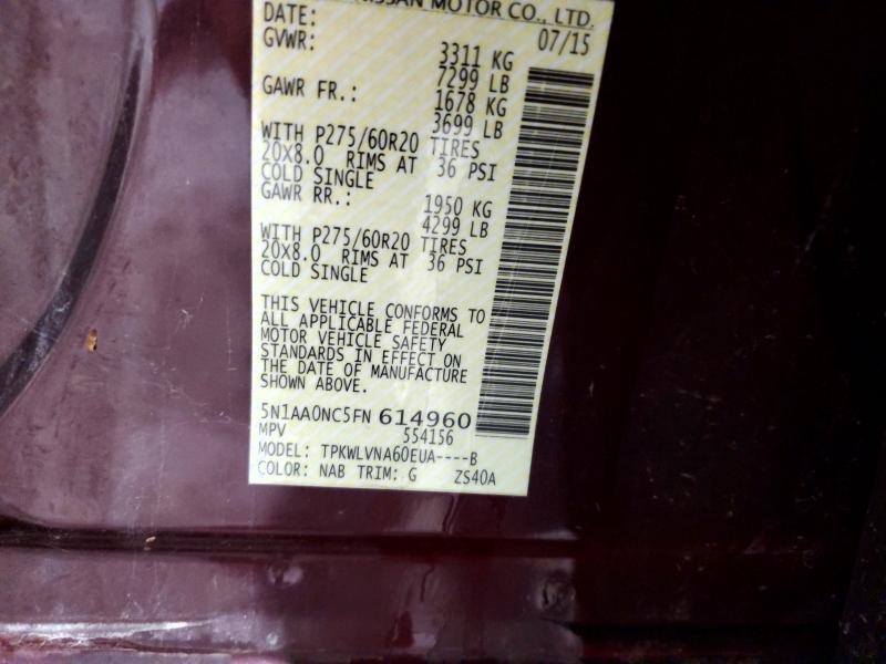 67909806 :رقم المزاد ، 5N1AA0NC5FN614960 vin ، 2015 Nissan Armada مزاد بيع