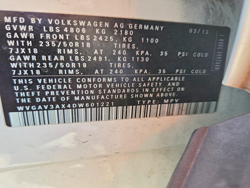 2013 Volkswagen Tiguan მანქანა იყიდება აუქციონზე, vin: WVGAV3AX4DW601221, აუქციონის ნომერი: 63620956