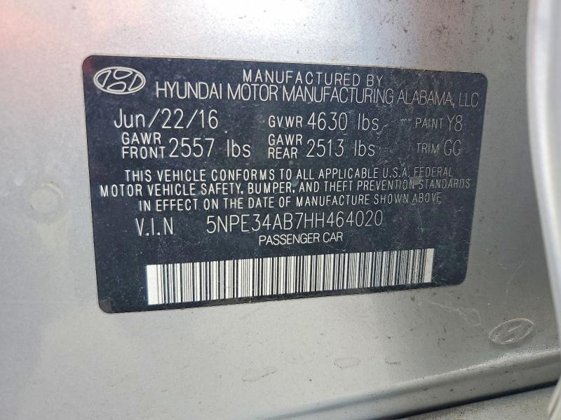 Auction sale of the 2017 Hyundai Sonata, vin: 5NPE34AB7HH464020        , lot number: 69195596