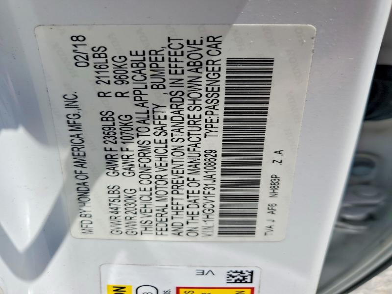 67441356 :رقم المزاد ، 1HGCV1F31JA108629 vin ، 2018 Honda Accord مزاد بيع