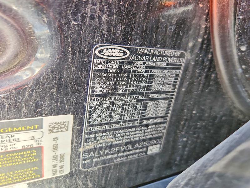 70661466 :رقم المزاد ، SALYK2FV0LA252902 vin ، 2020 Land Rover Range Rover Velar مزاد بيع