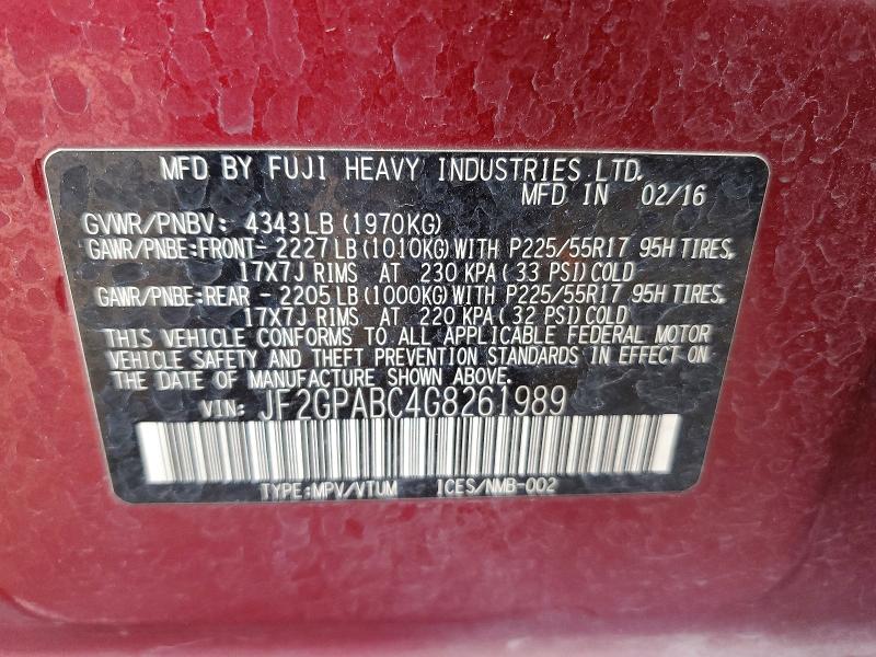 67370586 :رقم المزاد ، JF2GPABC4G8261989 vin ، 2016 Subaru Crosstrek مزاد بيع