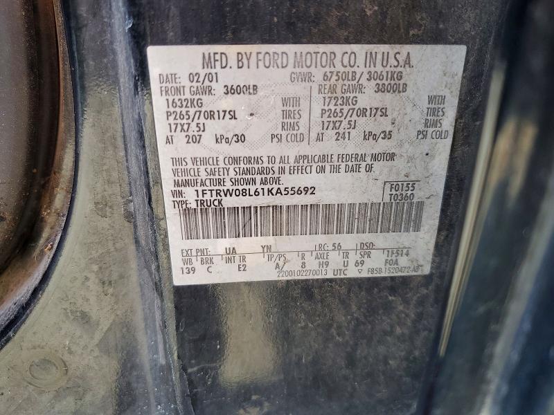2001 Ford F150 მანქანა იყიდება აუქციონზე, vin: 1FTRW08L61KA55692, აუქციონის ნომერი: 68406726