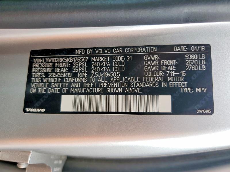 71199776 :رقم المزاد ، LYV102RK5KB176567 vin ، 2019 Volvo Xc60 مزاد بيع
