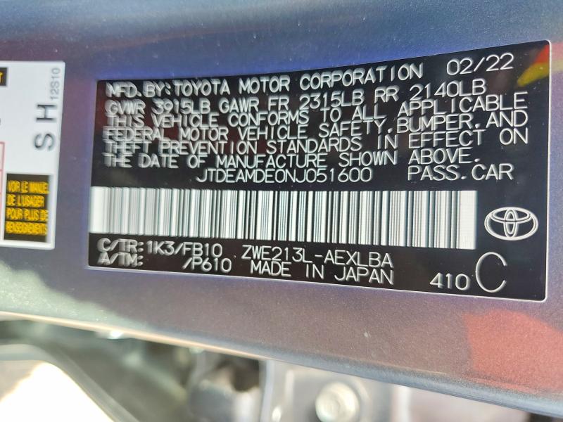 2022 Toyota Corolla მანქანა იყიდება აუქციონზე, vin: JTDEAMDE0NJ051600, აუქციონის ნომერი: 70304946