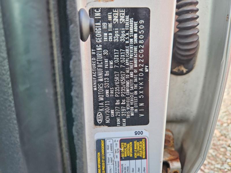 2012 Kia Sorento მანქანა იყიდება აუქციონზე, vin: 5XYKTDA22CG280509, აუქციონის ნომერი: 69569526