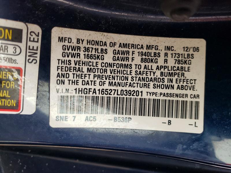 2007 Honda Civic მანქანა იყიდება აუქციონზე, vin: 1HGFA16527L039201, აუქციონის ნომერი: 69485626