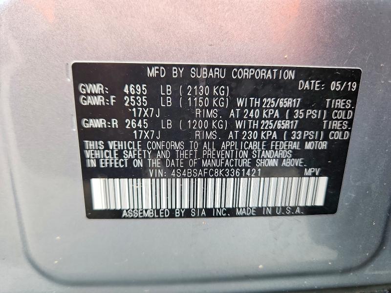Продажа на аукционе авто 2019 Subaru Outback, vin: 4S4BSAFC8K3361421, номер лота: 69968716