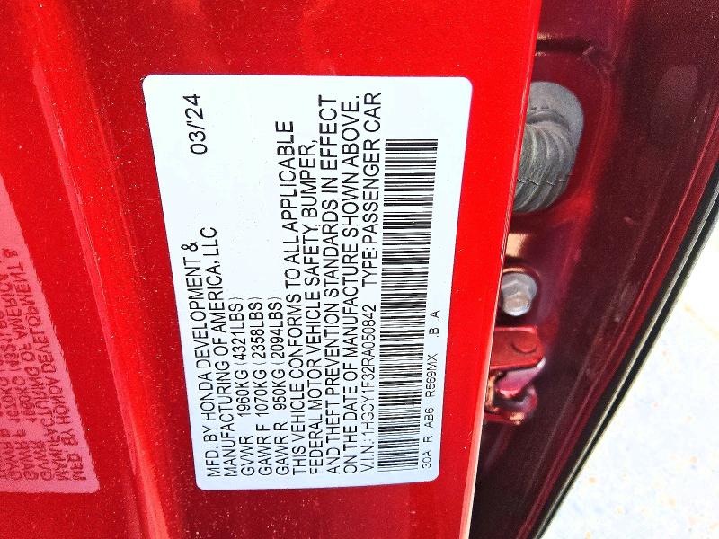 2024 Honda Accord მანქანა იყიდება აუქციონზე, vin: 1HGCY1F32RA050842, აუქციონის ნომერი: 69746726