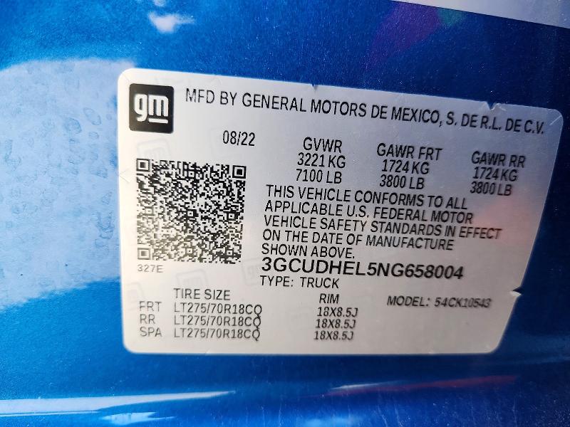 Auction sale of the 2022 Chevrolet Silverado, vin: 3GCUDHEL5NG658004, lot number: 70301516