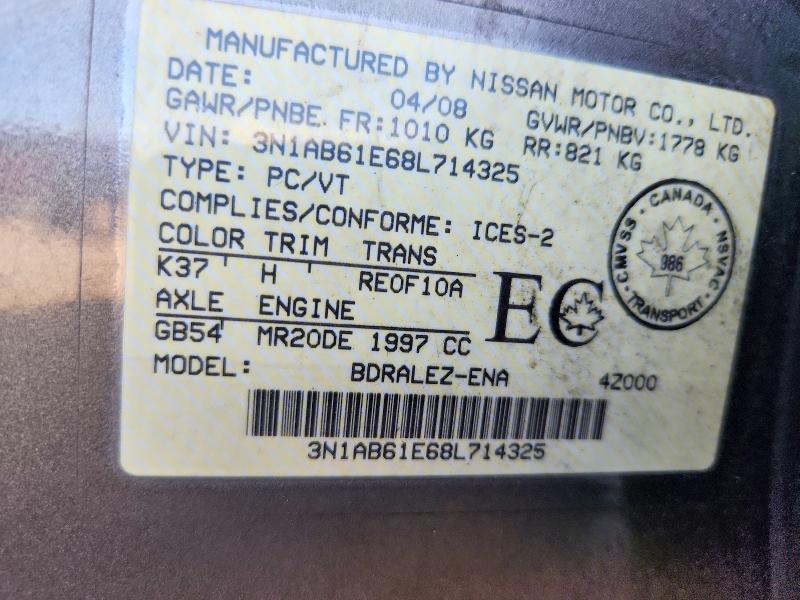 2008 Nissan Sentra მანქანა იყიდება აუქციონზე, vin: 3N1AB61E68L714325, აუქციონის ნომერი: 69885596