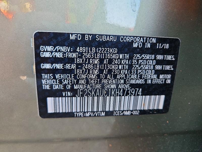 2019 Subaru Forester მანქანა იყიდება აუქციონზე, vin: JF2SKAUC1KH473974, აუქციონის ნომერი: 67318246