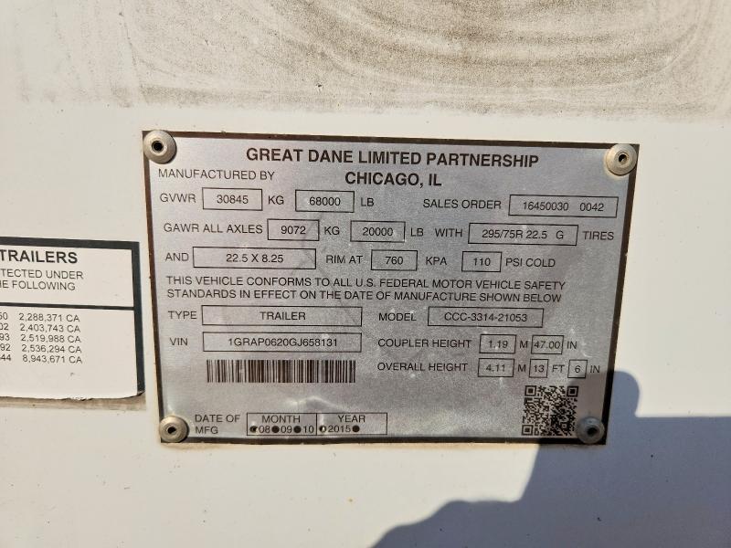 Aukcja sprzedaży 2016 Great Dane Unknown, vin: 1GRAP0620GJ658131, numer aukcji: 70376776
