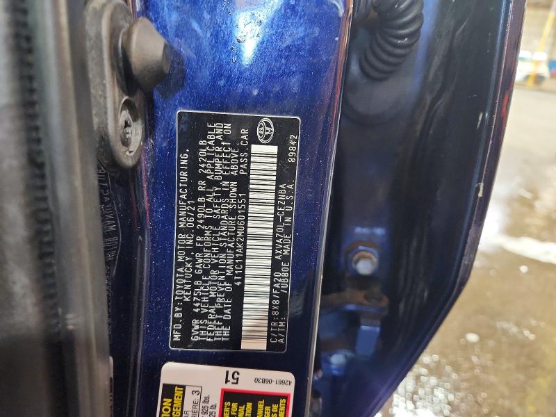 2021 Toyota Camry მანქანა იყიდება აუქციონზე, vin: 4T1C11AK2MU601551, აუქციონის ნომერი: 70346926