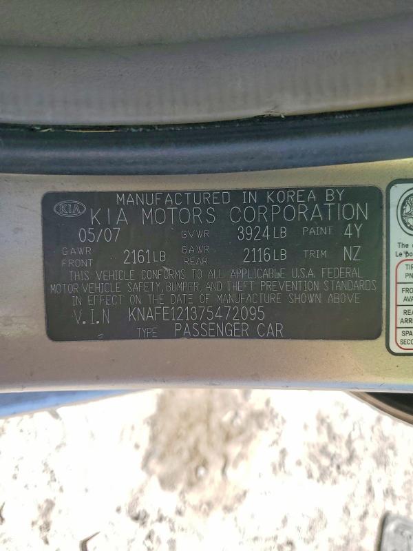 68599326 :رقم المزاد ، KNAFE121375472095 vin ، 2007 Kia Spectra مزاد بيع